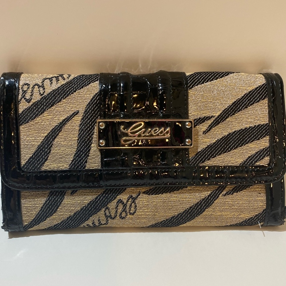 Guess Black Patent Leather And Canvas Zebra Crocodile Snap Closure Wallet